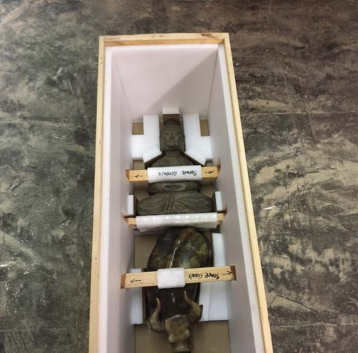 Antique Jade statues packed and crated for shipment in reusable crate with unpacking instructions.